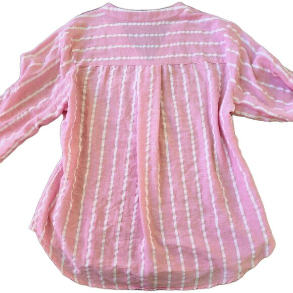 Yidarton Women’s Pink White Striped Blouse Size Large V-Neck Long Sleeve Linen - Picture 6 of 8